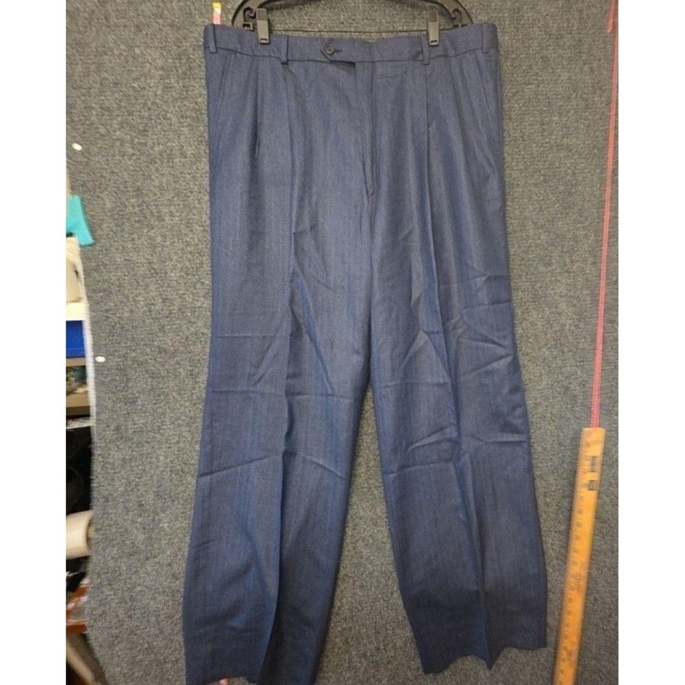 Paul Fredrick Dress Pants Mens 44x34 Blue Silk Wool Classic Pleated Lined Formal